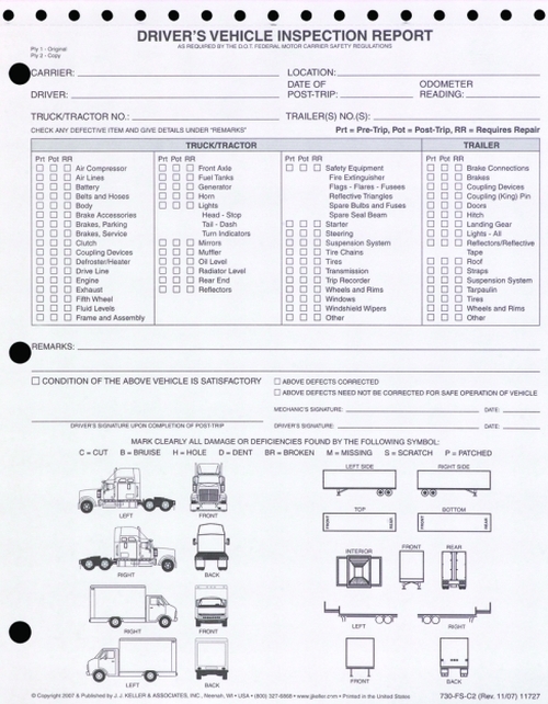 Imprinted Detailed DVIR w Illustrations Vehicle Inspection Report for