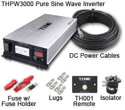 THPW3000 Watt Pure Sine Wave Inverter, DC Power Cable, Fuse with Fuse Holder, Lugs, TH001 Remote, Isolator